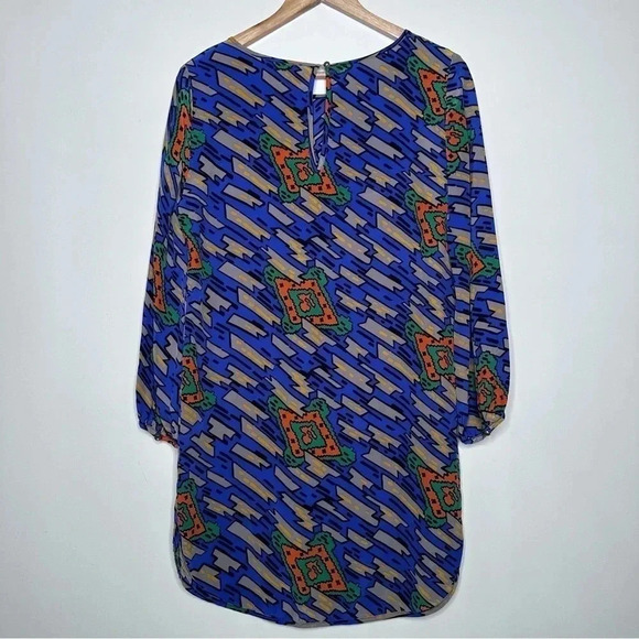 Amanda Uprichard Geometric Print Long Sleeve Silk Tunic Dress Size Medium - Picture 5 of 9